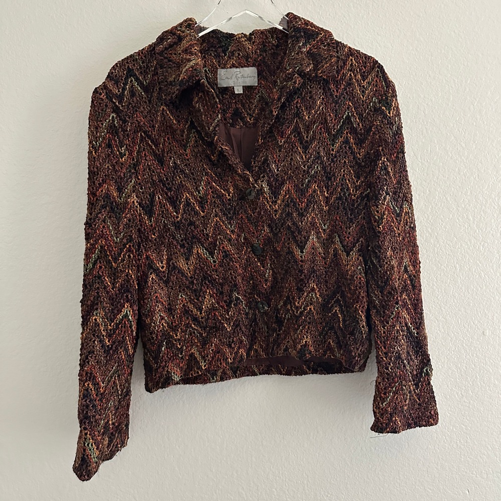 Emil Rutenberg Blazer Women L Brown Zig Zag Textured Knit Button Front Jacket